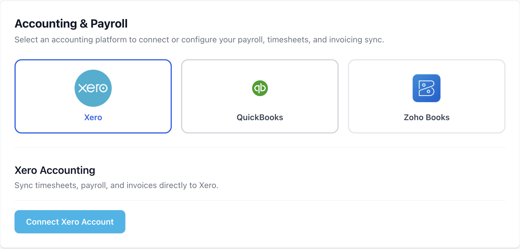 Integrations settings showing Xero, Zoho, QuickBooks and MYOB connections.
