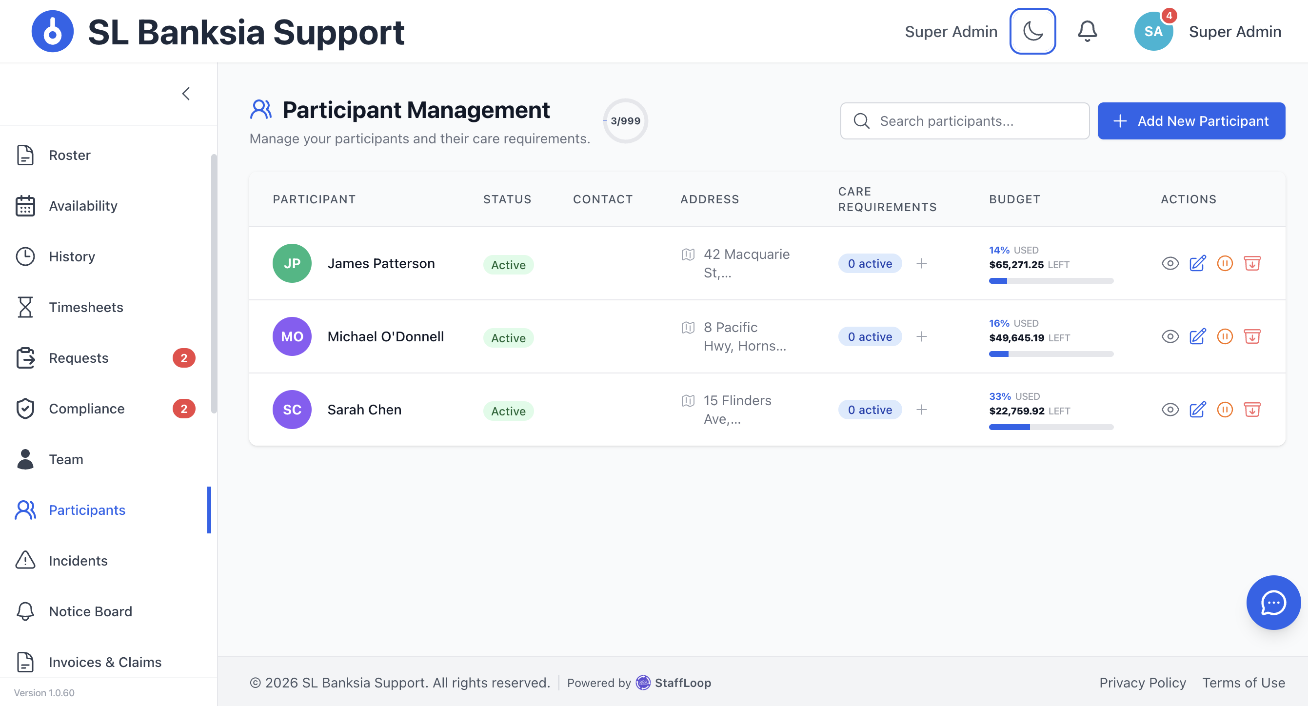 Participant and client management directory with goals and journals.
