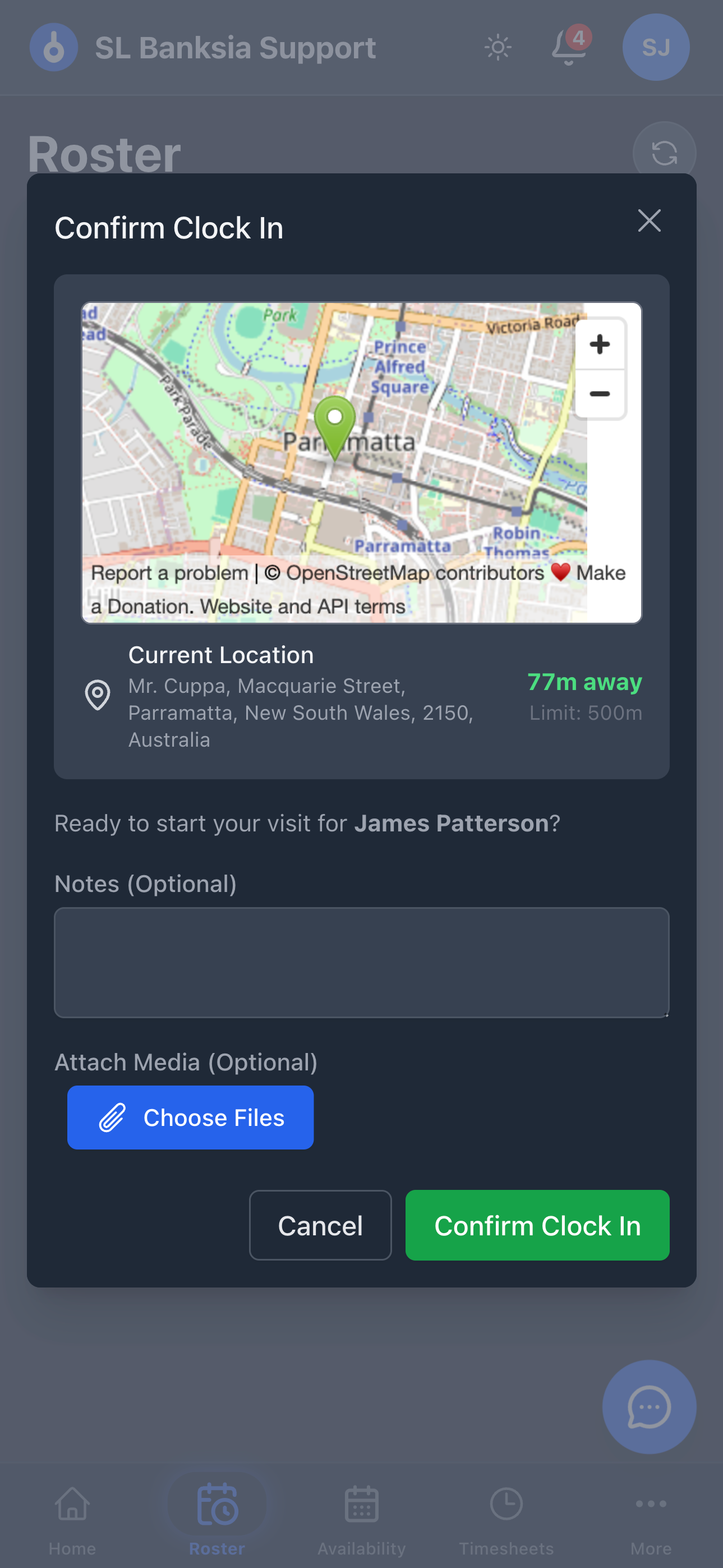 Mobile — geofenced clock-in with on-site confirmation.