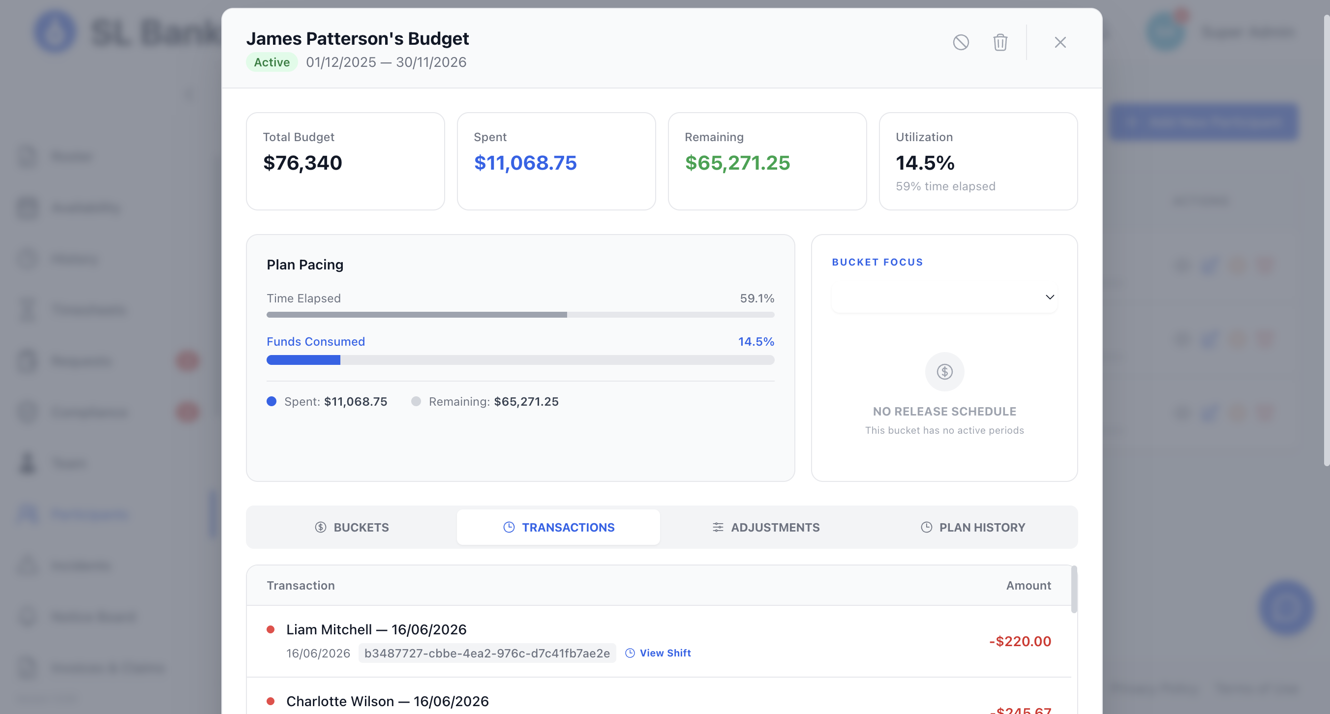 Participant budget view with funded vs consumed amounts and cap warnings.