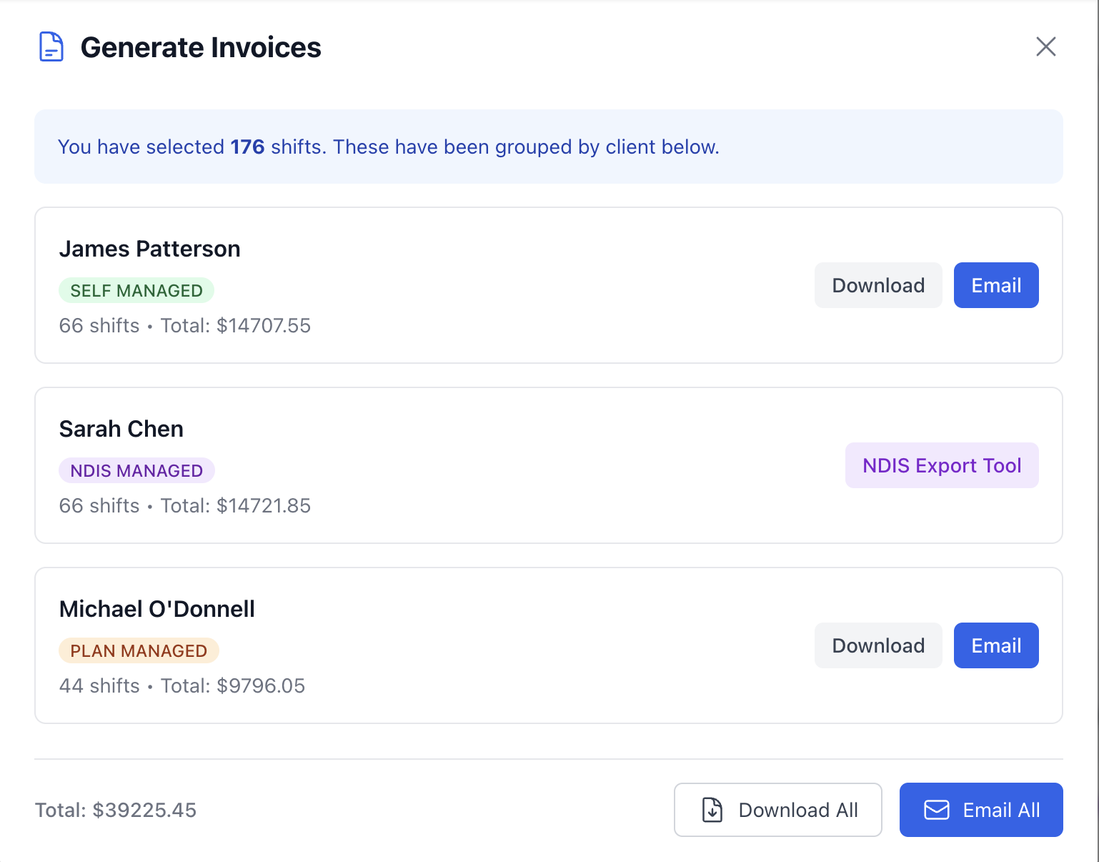 Bulk claim generation screen with price-guide validation before export.