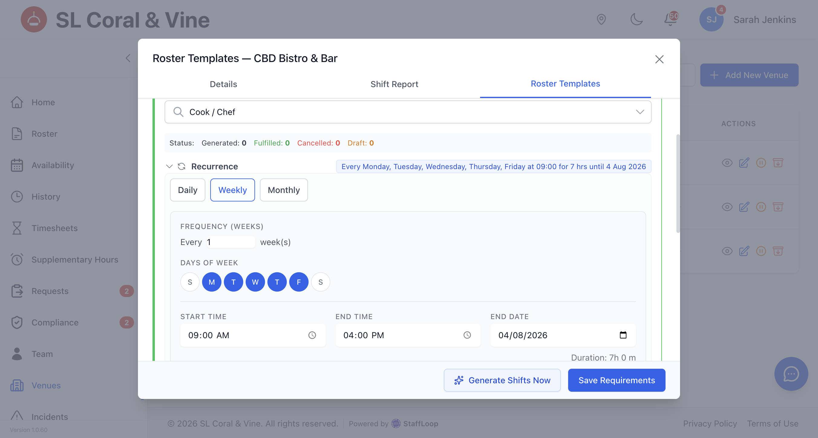 Rotation template builder applying a multi-week pattern to a date range.